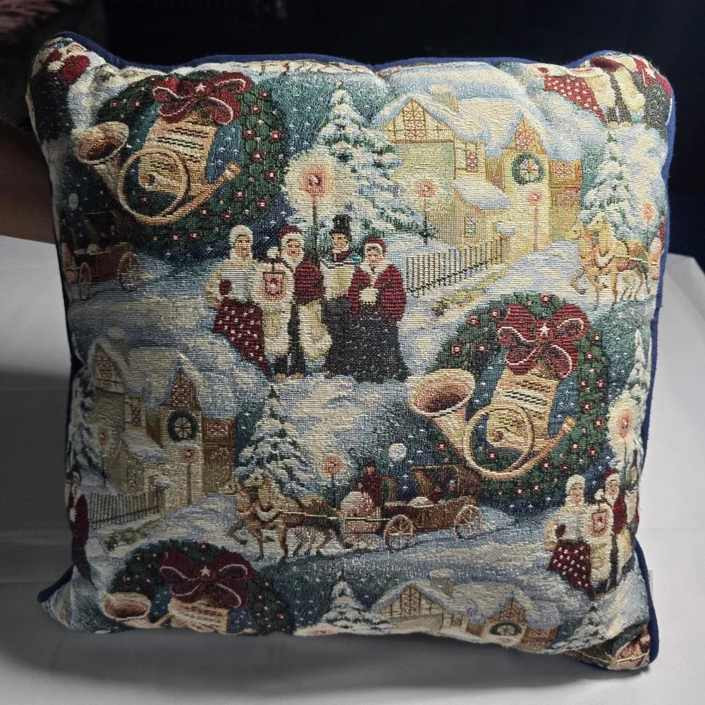 Vintage Riverdale Christmas Tapestry Pillow Victorian Caroler Winter Scene 12x12